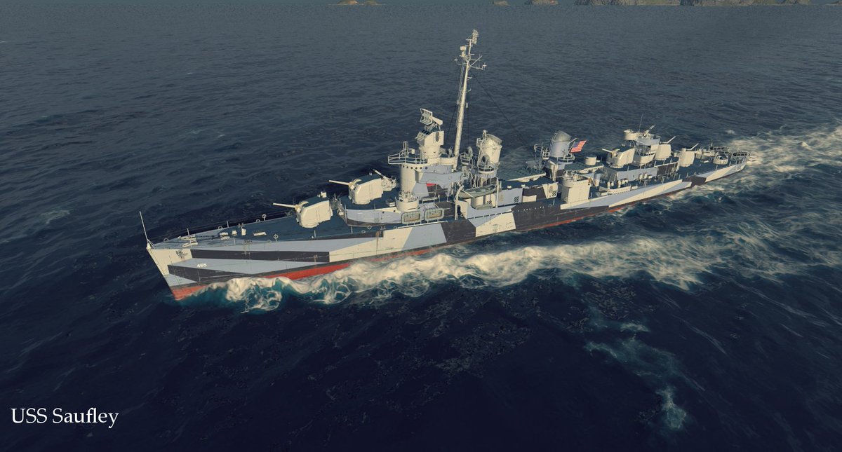 Senjo41A's tweet photo. I gave the #USSKidd a premium ship in the game her 1943 look. For the #FletcherClass itself you start off with the #USSFoote which then turns into the #USSSaufley. #USN #Destroyer #DazzleCamouflage #WWII https://t.co/NOSLEIrLtf