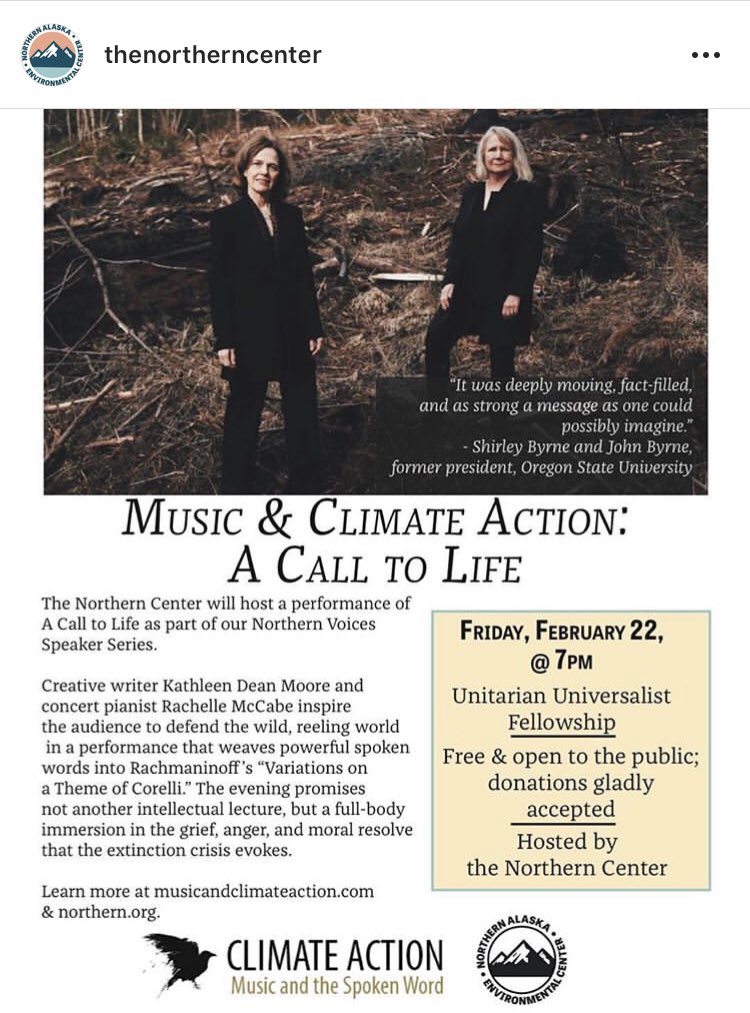 edabney's tweet photo. Hey #Fairbanks Come out tomorrow for @NorthernCenter’s #NorthernVoicesSpeakerSeries w/Rachelle McCabe & Kathleen Dean Moore. #ACallToLife 7 pm at UUFF, 2/22 https://t.co/LCJ2AjmRul