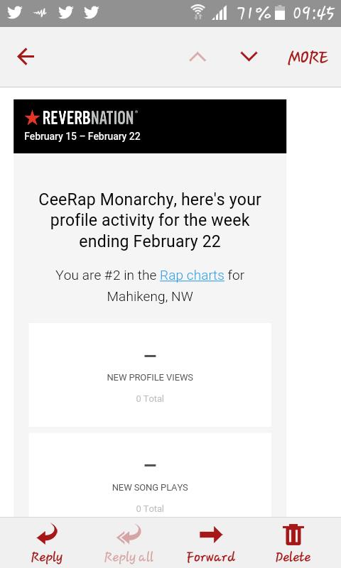 CeeMonarchy's tweet image. #Sematsatsa
Im number one in RapChat for  mahikeng NW in @Reverbnation @Pflo_will_win @gzyfalourSA @CeeMonarchy @Slee_Z95 @