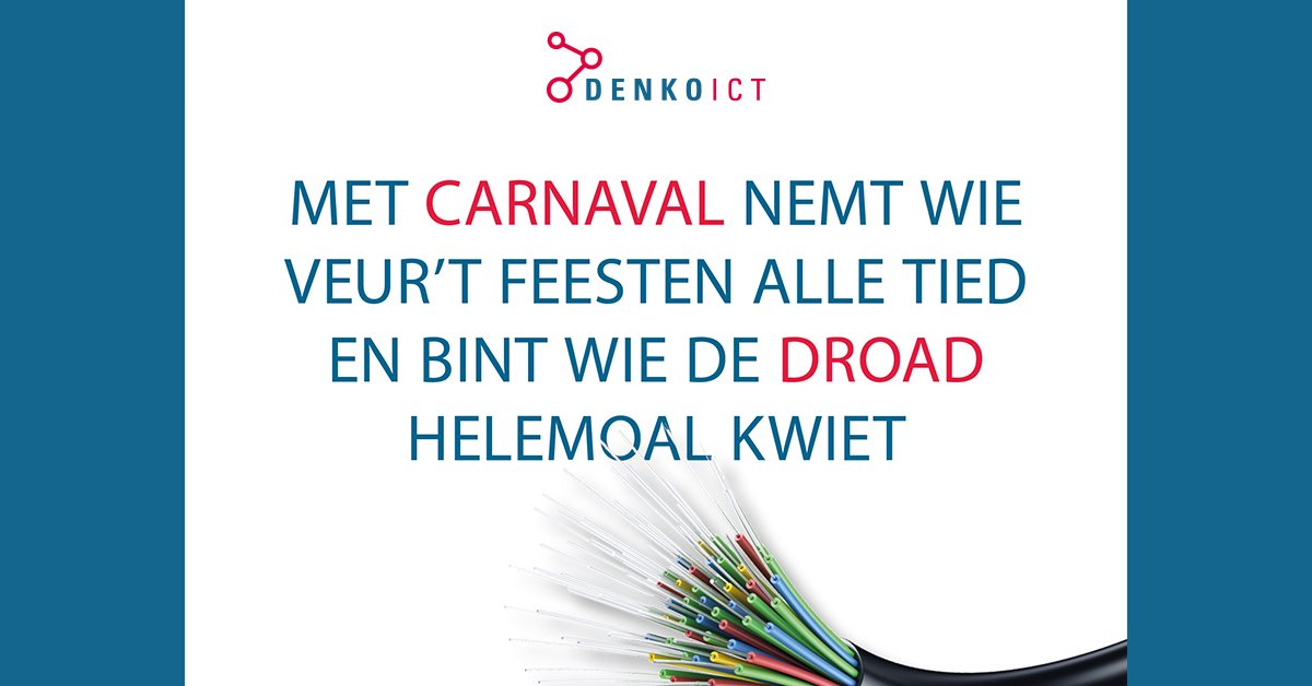 Denko Zakelijk Glasvezel - Alaaf! 
Mis hem niet: de zakelijke glasvezel actie tegen zeer feestelijke prijzen! Afspraak plannen? Bel of mail op: 088-5008500 of sales@denko.nl. Voor prijzen zie FB of LI #denkoict #glasvezel #alaaf #zakelijkglasvezel #actie #carnaval #droadkwiet