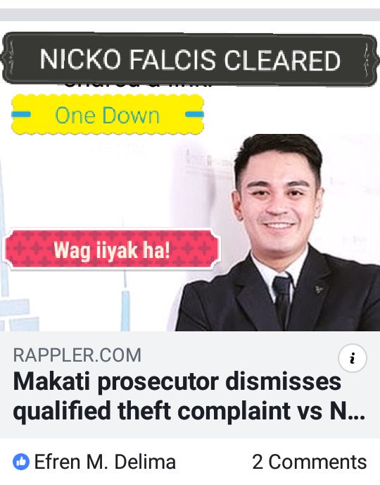 efrenmd's tweet photo. #MyFeb2019Post

Nicko Falcis cleared by Makati Fiscal's Office for qualified theft.

Sino kaya ang lawyer ng nagsampa ng kaso? Mga well-known na magagaling yon ha. No Fortune this time and no Divine intervention.

Click Link to read more:

https://t.co/v7qTdJfZHo https://t.co/PM4IX5mVFw