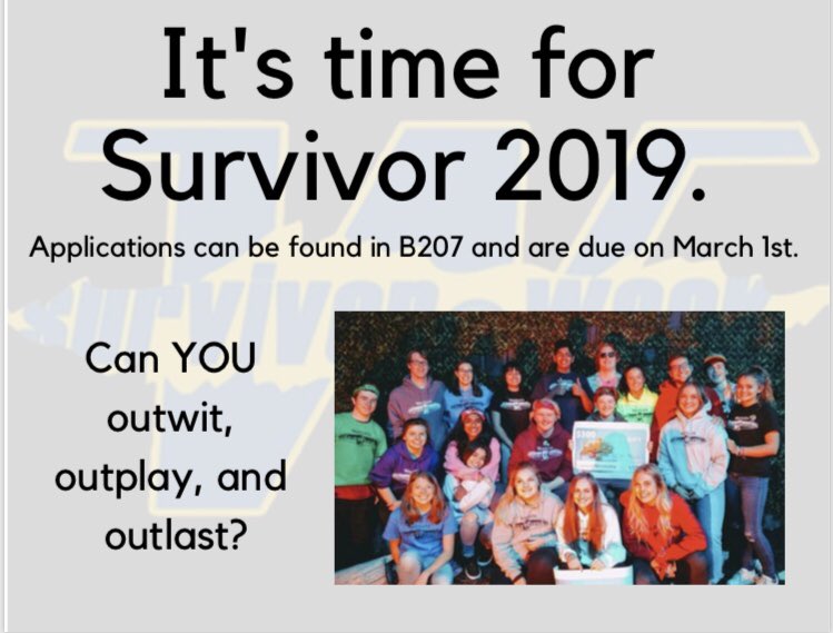 WayzataStuCo's tweet photo. Survivor applications are out!!! Go pick them up from B207! https://t.co/apNrLwiK75