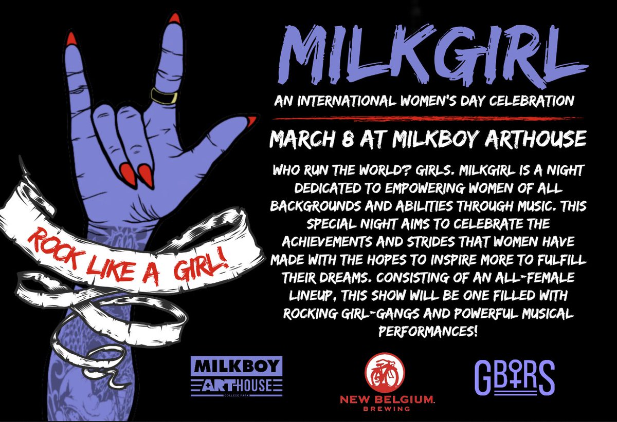 TriotaUMD's tweet photo. MilkBoy ArtHouse is hosting MilkGirl an International Women's Day concert! The concert will have an all-women lineup benefitting the non-profit Girls Behind The Rock Show! 
When: March 8
Location: MilkBoy ArtHouse
https://t.co/p0ADVDEcX0
@GirlsBTRS @milkboyarthouse https://t.co/GBggv0YrBk
