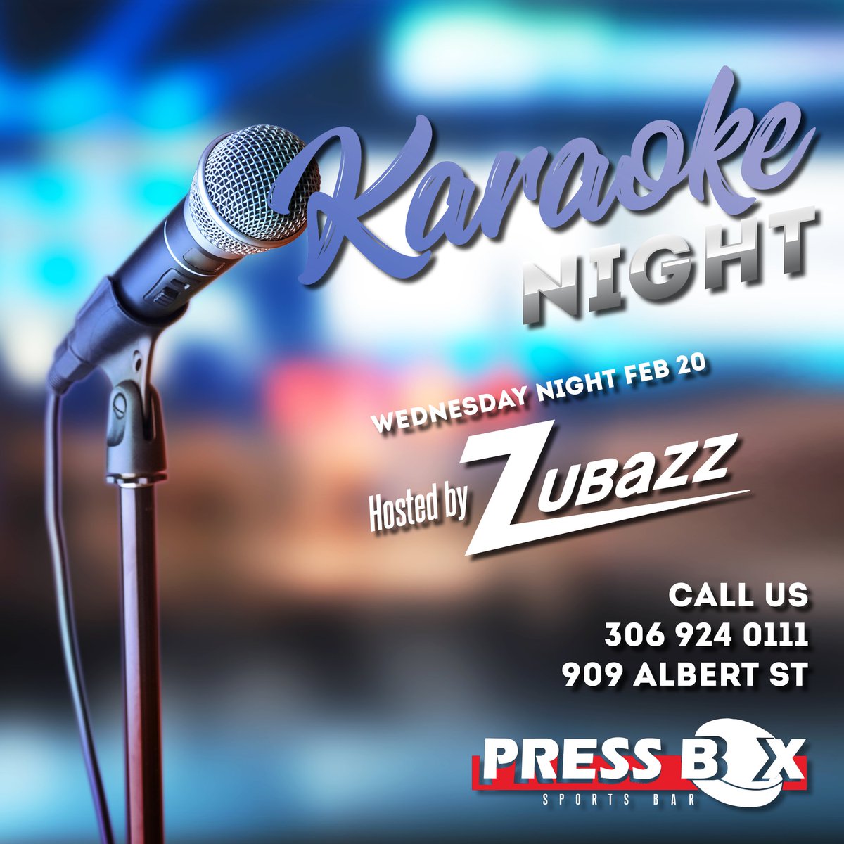 pressboxregina's tweet photo. Join us this Wednesday night (Feb 20) for some karaoke goodness! Zubazz  will be hosting the event. Come on by the Press Box Sports Bar for a  great evening. https://t.co/JX6PjV2NP3