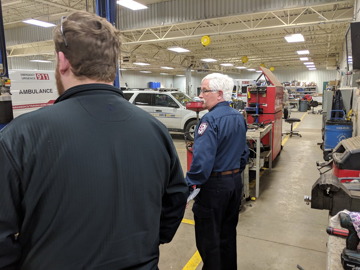 IslandEMS's tweet photo. Thanks to Allan and his team @ambulancenb #fleetcenter for showing our #IEMS fleet staff member Reilly the ins and outs on the day to day operations from Moncton. #peifuthurefleetcenter #ambfleet #PEI #FleetSupport https://t.co/I8tWeTJ35S