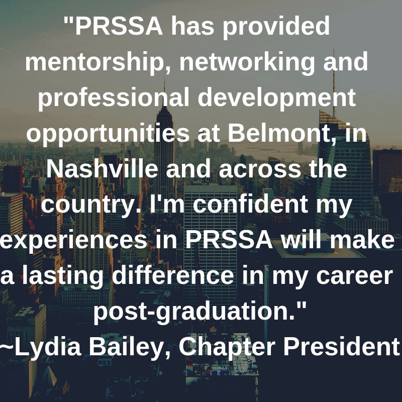 BelmontPRSSA's tweet photo. Learn how PRSSA has impacted Chapter President Lydia Bailey! Reminder tomorrow is the deadline to join PRSSA for this semester, and you don’t want to miss out on what we have planned! #PRSSABelmont #PRSSA #PRSA #PRSANashville #ChapterPresident https://t.co/7dbVOLHXRL