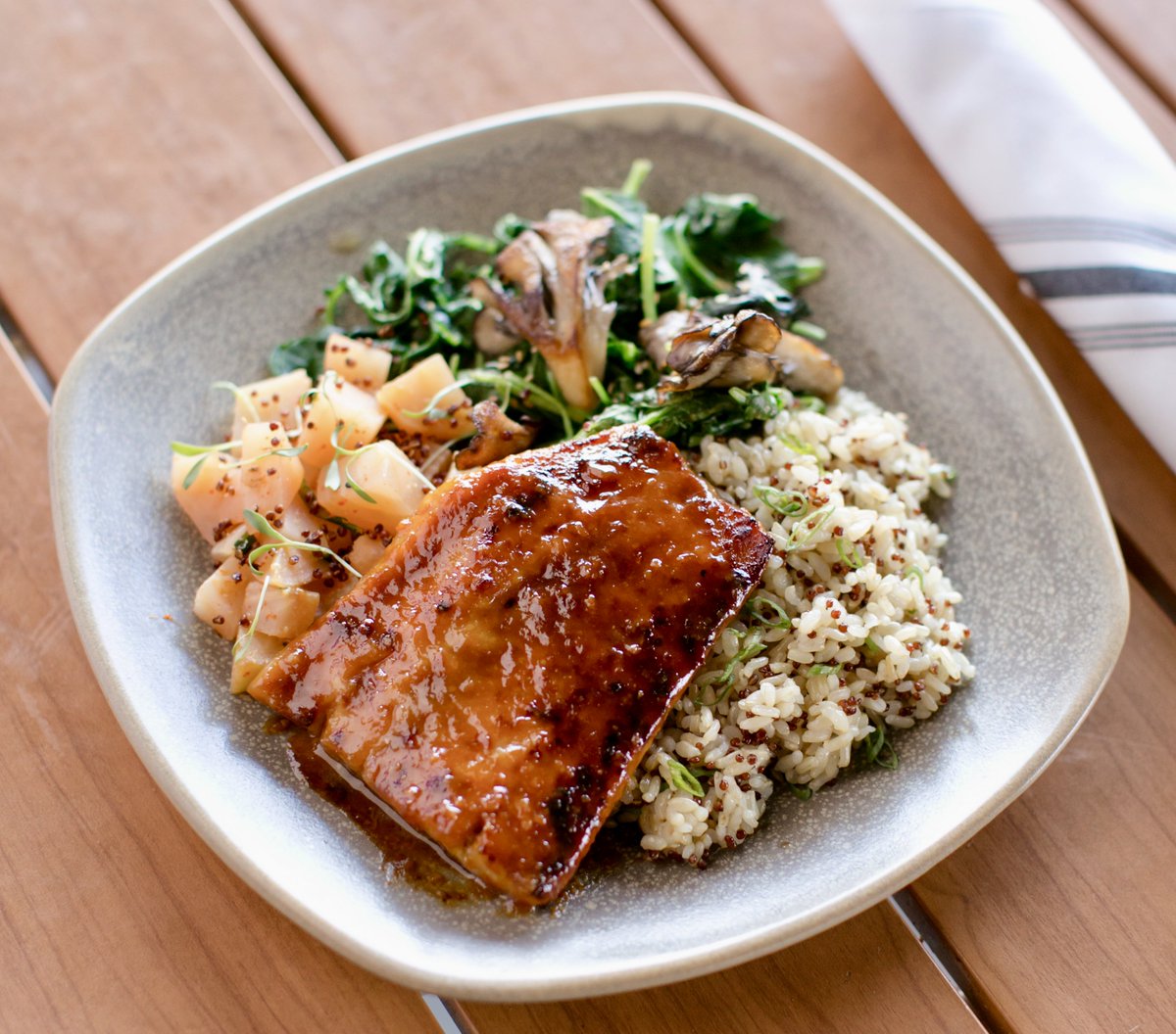 Local, wild and sustainable Black Cod. Miso-glazed, served with garlic-ginger brown rice quinoa blend, beet 'poke', sautéed baby kale and maitake mushrooms.  #seafoodlover #sourcelocal #wavetotable #sustainableseafood #sfbay #wintermenu #pacificcatch #westcoaststyle