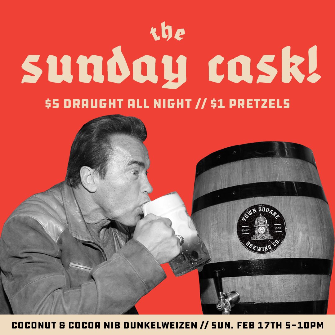 THIS SUNDAY! We’re back with a KILLER cask from the talented hands over at <a href="/townsquarebrew/">Town Square Brewing</a> ! They brewed up a “Coconut &amp; Cocoa Nib Dunkelweizen” cask for us! All draught beer is just $5 all night and our delicious fresh pretzels are just a $1. Kicks off at 5pm, see y’all then!