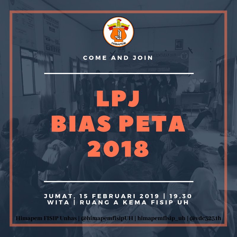 Assalamualaikum Wr. Wb.

Mengundang dengan hormat kepada seluruh warga dan anggota untuk hadir dalam Laporan Pertanggungjawaban Bias Peta 2018, yang akan dilaksanakan pada : 

📆 Jumat, 15 Februari 2019
⏰ 19.30 Wita - Selesai
📍 Ruang A Kema FISIP Unhas

Salam Merdeka Militan.