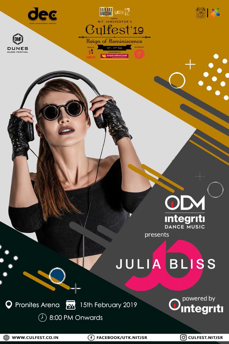 IDM presents JULIA BLISS powered by integriti.
Prepare to lose all your inhibitions for a wild night,and rave to the most awesome EDM mixes ever at the most happening place in #Jamshedpur only at Culfest'19

#IDM #integriti #JuliaBliss
#cultfest19 #EDMnights #NIT