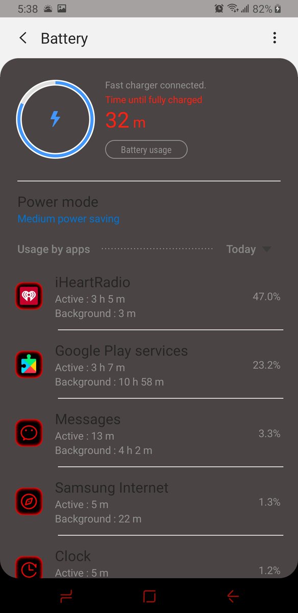 DLaunchButton's tweet image. Dear @iHeartRadio, @GooglePlay, and or @AndroidDev. I recently updated my S9+ to One. Since then these are my new phone killers. Help pls. From 90% I'll be down to 30% in 4 hours from listening to @iHeartRadio. I'm not watching video for goodness sake.