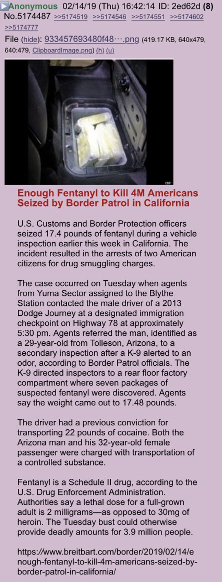 2runtherace's tweet photo. Enough Fentanyl to Kill 4M Americans Seized by Border Patrol in California!! Anon notable!!
https://t.co/ahypcG4hVW
#QAnon #FentanylBust @realDonaldTrump https://t.co/eH2u32VZyr