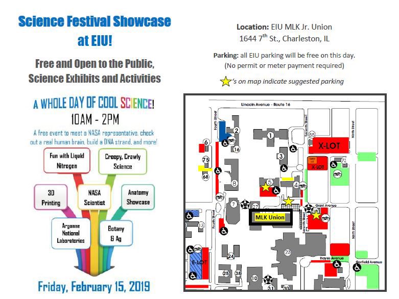 The Science Festival Showcase is tomorrow and it features a Fire and Ice Show, a NASA speaker, 3D printing, and much much more!

It’s tomorrow (Fri Feb 15th) from 10am-2pm in the MLK Union! EIU students and community members are all welcome! Can’t wait to see you all there!