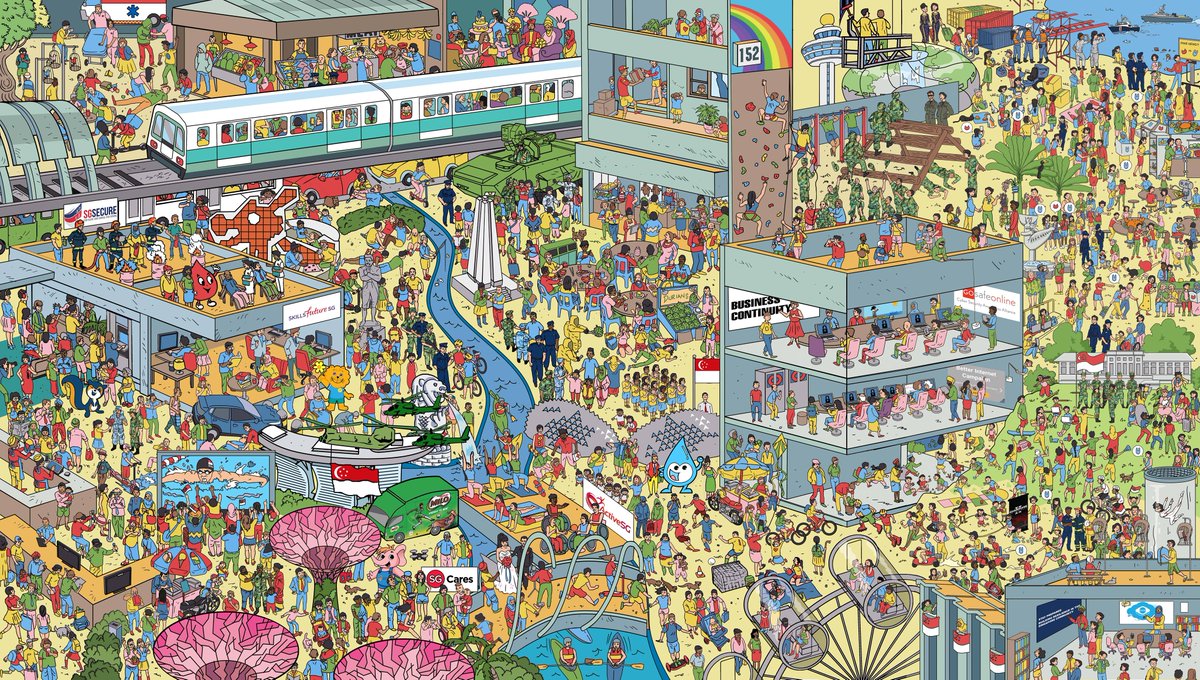 Ng_Eng_Hen's tweet image. Last year’s “Where’s Wally”-stylised #TotalDefence poster was well-received by young and old. Update for this year with the new sixth pillar – #DigitalDefence [View hi-res here: mindef.sg/td2019poster]