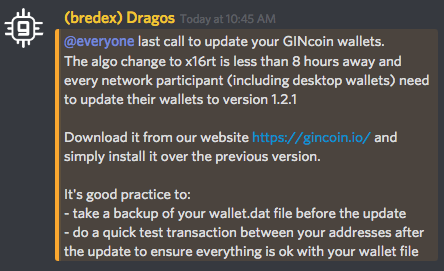 gincoin_crypto's tweet image. 🔔 Last call to update your $GIN wallets!
‼️ Every network participant (including desktop wallets) needs to update their wallets to version 1.2.1.
⬇️ Download it here - gincoin.io - and simply install it over the previous version.

#GINplatform #x16rt #algochange