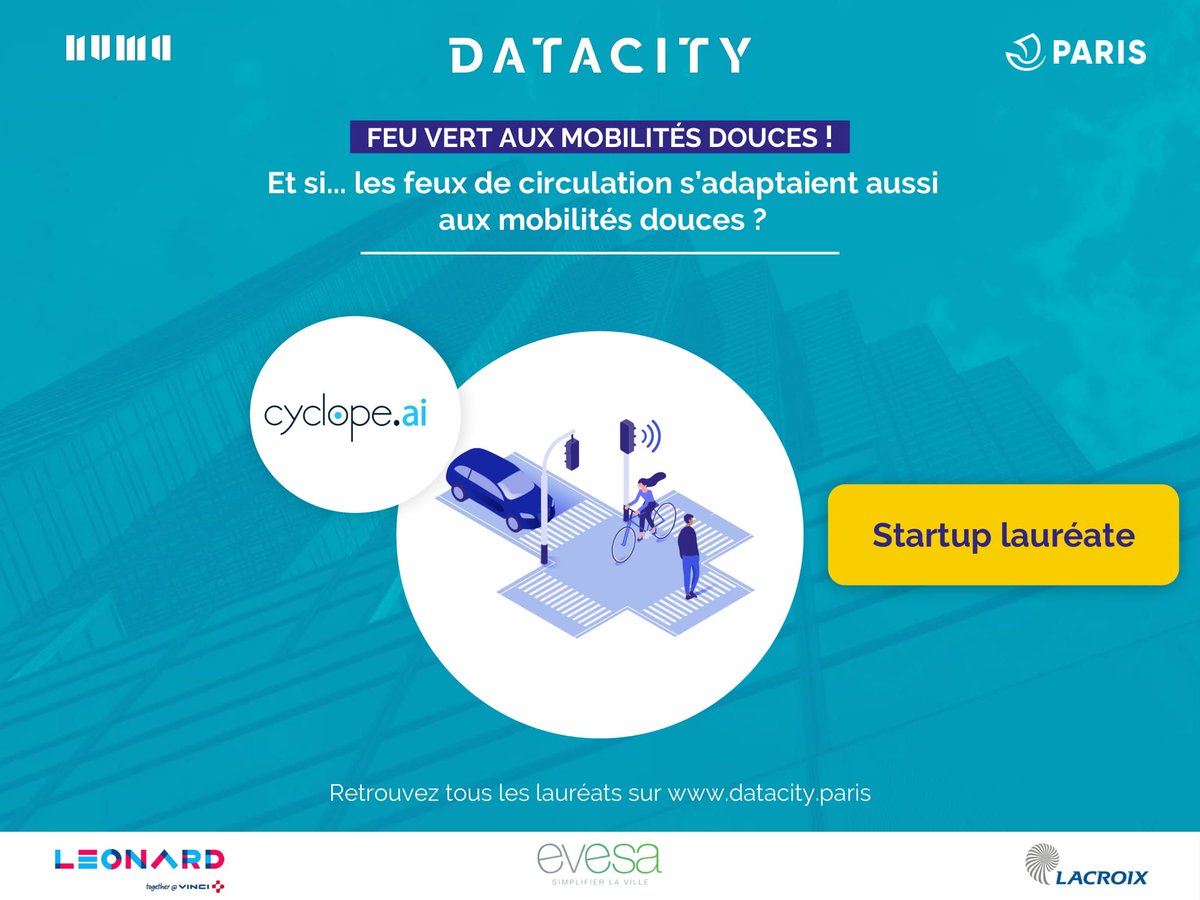 @CyclopeAI participe au challenge #DataCity, ayant pour objectif de mieux prendre en compte les mobilités douces dans la régulation des feux 🚦par la reconnaissance d'images des acteurs sur la route 🚲🛴 avec @WeAreLeonard, Evesa, @LACROIX_Group et la Ville de @Paris.