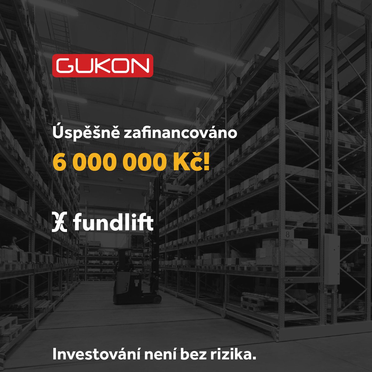 Firma Gukon úspěšně zafinancována! 
 
150 % plánované investice se podařilo vybrat již za 12 dní investiční kampaně! Přihlaste i vy svojí firmu na Fundlift a naši investoři mohou pomoci i vám. Více na: bit.ly/Fundlift-nove-…

* Investovaní není bez rizika.
#investice #gukon