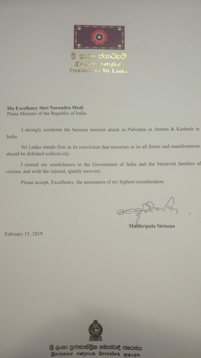 H.E. President Maithripala Sirisena's letter to PM @narendramodi condemning the heinous terrorist attack in India.