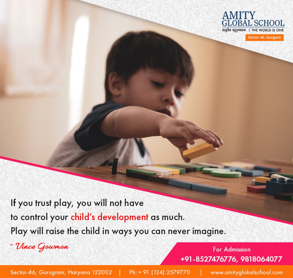 AGSGurgaon's tweet photo. “If you trust play, you will not have to control your child’s development as much. Play will raise the child in ways you can never imagine.” ~ Vince Gowmon
#MotivateYourChild #ParentingTips #LearnWhilePlay #DevelopmentOfChild #AmityGlobalschoolGurgaon #AdmissionOpen https://t.co/tydCdRInn3