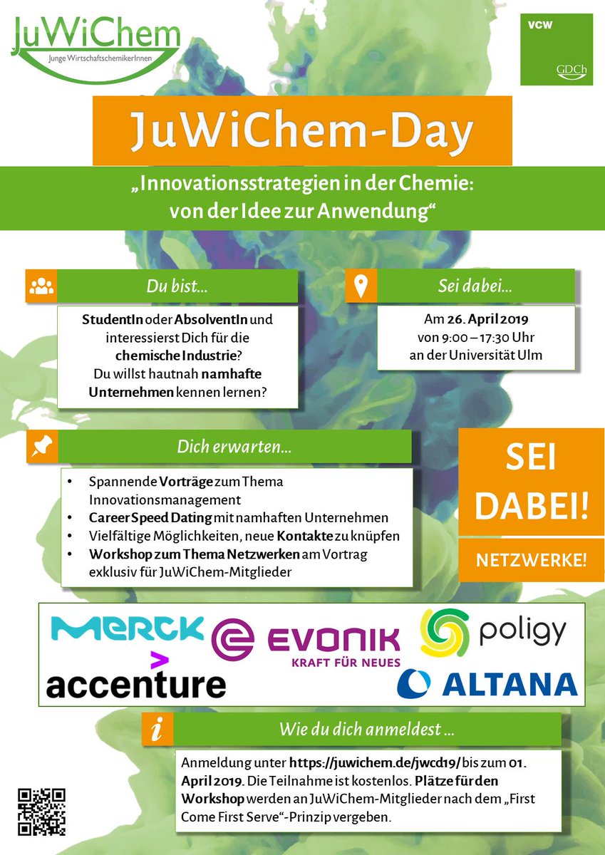 juwichem's tweet photo. Die Anmeldung zum 3. JuWiChem-Day am 26.4. in Ulm ist eröffnet! Am Vortag wird es außerdem exklusiv für JuWiChem-Mitglieder einen Workshop zum erfolgreichen Netzwerken geben. Die Plätze sind jedoch limitiert, also meldet euch schnell unter https://t.co/UjfmfNdxE4  an! #jwcday19 https://t.co/ywaapR4xPo