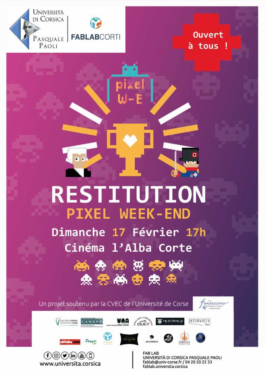 UnivCorse's tweet photo. Rendez-vous à 17h au Cinéma L'alba à Corte pour découvrir les réalisations des participants au #pixelweekend #UnivCorsica ! Ouvert à tous !
Et d'ici là @fablab_corti pour suivre les dernières heures de travail... https://t.co/DoBEK7yQWq