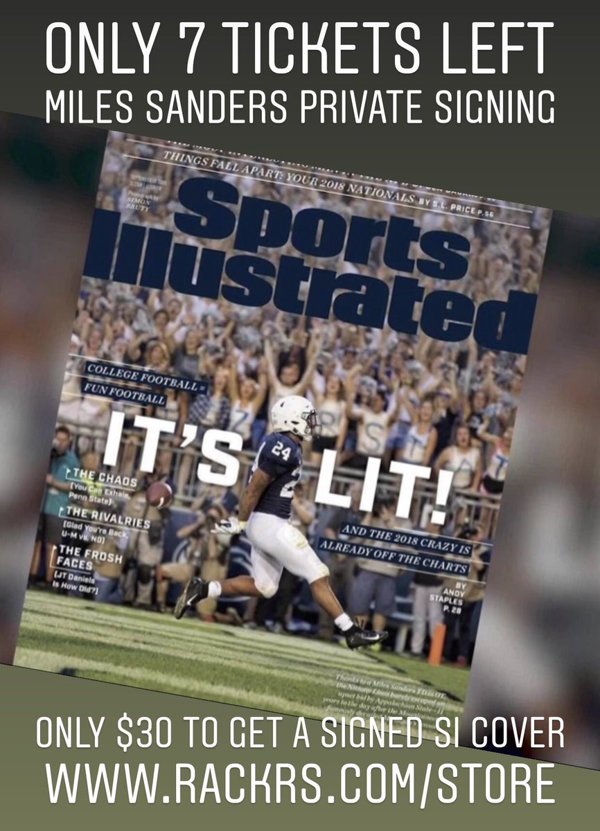 rackrsauthenti1's tweet photo. Only 7 tickets left for our private signing with former Penn State running back and NFL prospect Miles Sanders!  If you want something signed we are offering a signed SI magazine cover for $30. For your ticket, go to https://t.co/JILJUA0nHy. #autographsigning #signing #pennstate https://t.co/pbOcyfMBLr