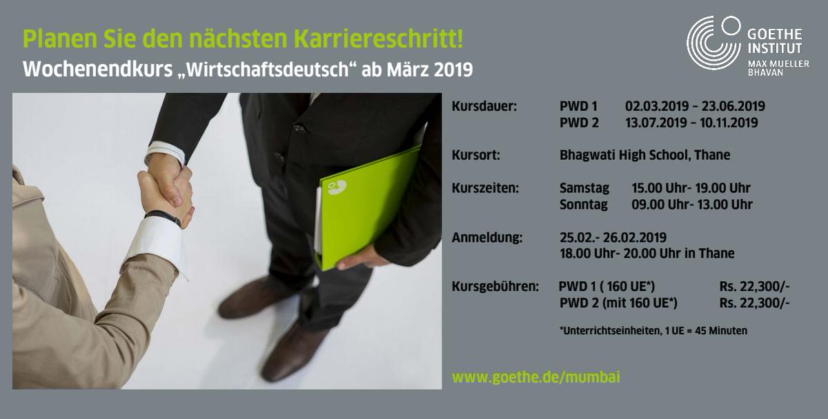 GermanyinMumbai's tweet image. #CourseAnnouncement Keen to learn Business German (PWD)? You may register for the course on February 25th and 26th at Bhagwati High School in Thane from 6 p.m. to 8 p.m. For more info, visit goethe.de/mumbai