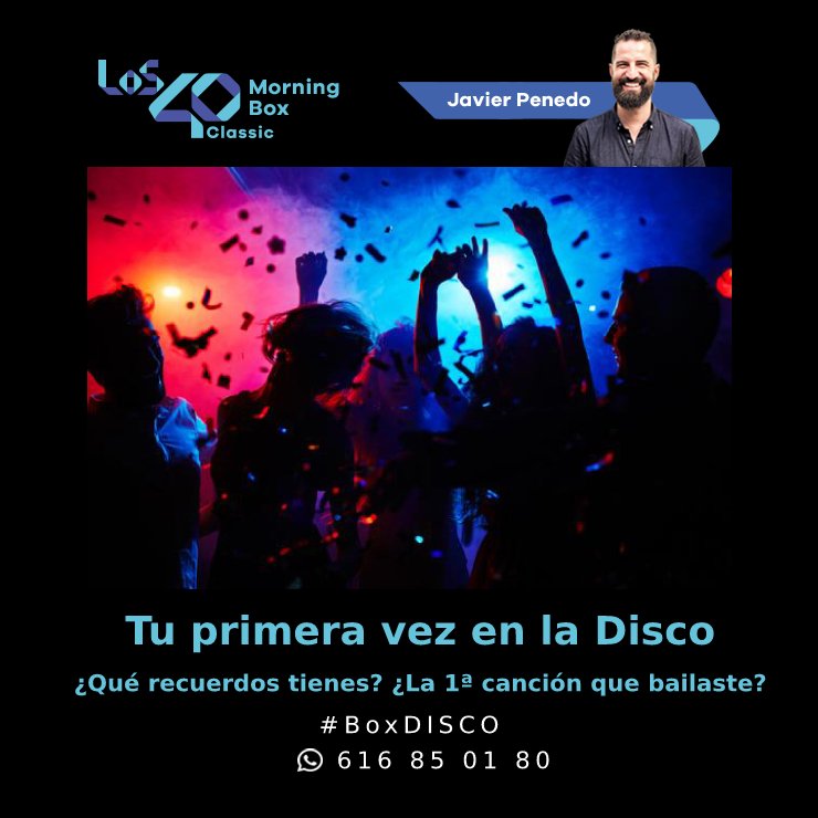 MorningBox_'s tweet image. ¡GOOOD MOOOORNING! Hoy en @morningbox_ de @Los40Classic_ ¡Bailamos! ¿Recuerdas la 1ª vez que fuiste a la DISCO? ¿Cómo se llamaba? ¿Qué años tenías? ¿Cuál fue la primera canción en la disco que escuchaste o bailaste? ¿Algo divertido que te pasara dentro de una discoteca? #BoxDisco
