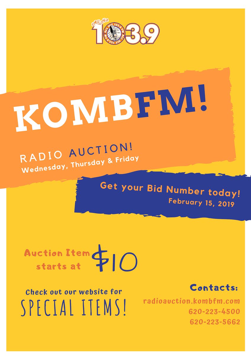Click radioauction.kombfm.com to get your #bidnumber for today's #Auction!
Auction #Items4Sale starts at $10! More #Special #Items!
Check out previous #buynow items and get a #greatdeal!

#February15 #kombfm #radioauction2019 #greatfinds #justforyou #onlineauction #onlinebidding