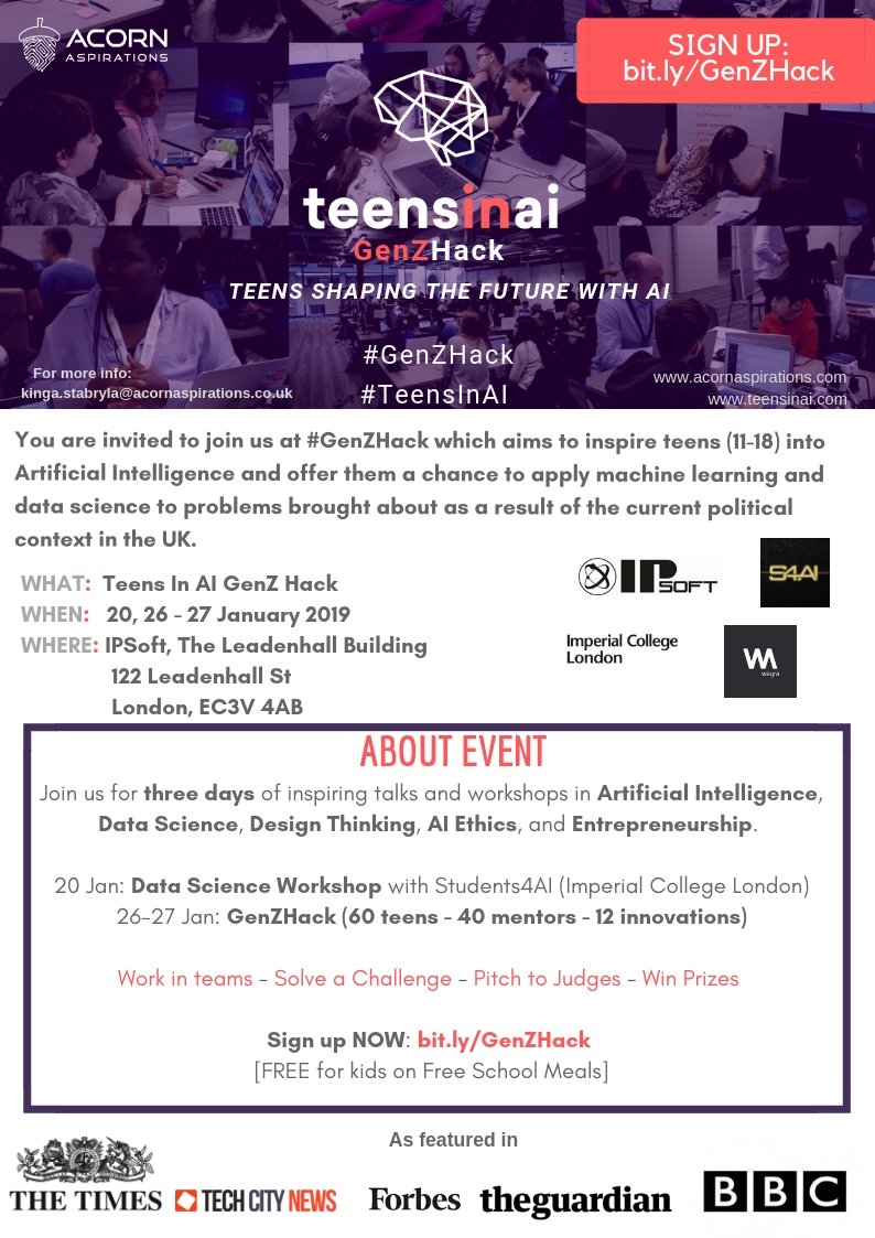LeahLynnJewett's tweet photo. Because of its amazing #GenzHack which got #teens tackling socio-political issues I’ve voted for @TeensInAI in the @DigitalAgenda_ 2019 #ImpactAwards #PeoplesChoice poll. Voting takes 1 second & is open until 28 February via https://t.co/t9Jxsq4XQd #TechForGood @AcornAspiration https://t.co/bghSE2m1Rg