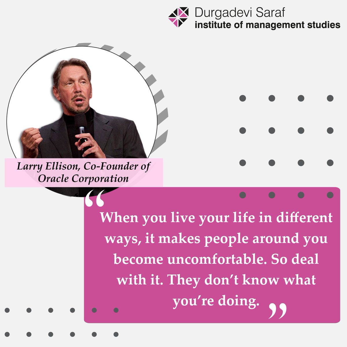 DSIMS_MUMBAI's tweet photo. An inspiring thought!
#BusinessmenQuotes
#Success #SuccessQuotes #Quotes #RSET #DSIMS #MBA #College #BSchool #MBACollege #Mumbai #LarryEllison #Oracle https://t.co/Me9M4XimI0