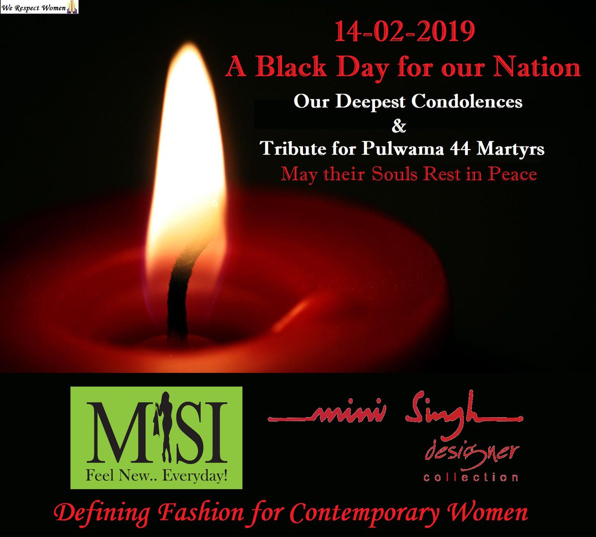 UtkristSMO's tweet photo. Our humble #tribute for #Pulwama 44 #Martyrs who #sacrificed their #lives & deepest #condolences to the bereaved families. #RIP!
#MISI #Misiforwomen #Womenwear #MisiRespect #MisiTribute #PulwamaMartyrs https://t.co/KJ9swb7kSx
