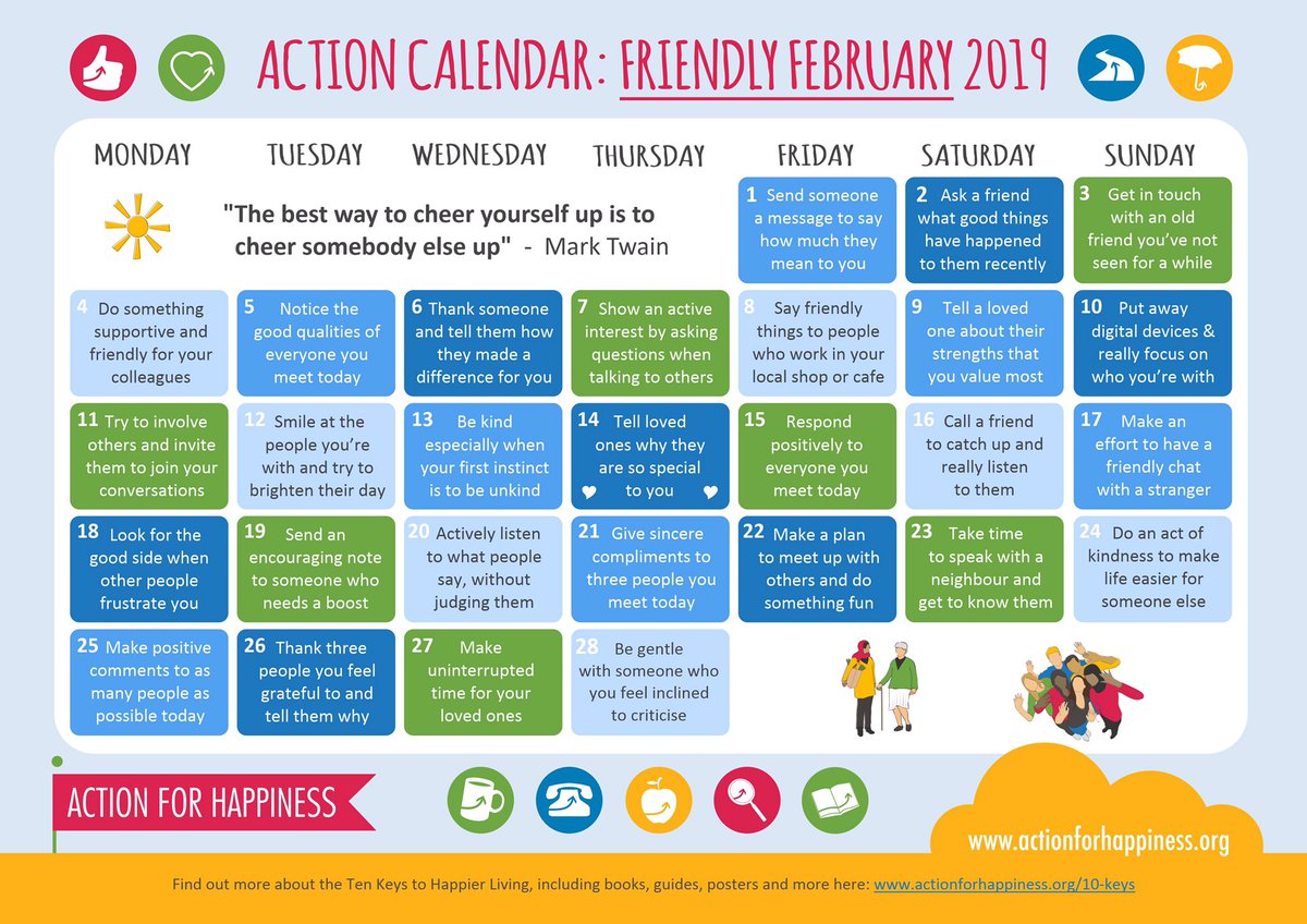 Friendly February - Day 15: Respond positively to everyone you meet today 👍 actionforhappiness.org/friendly-febru… #FriendlyFebruary