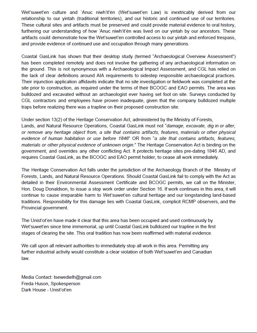 UnistotenCamp's tweet image. FOR IMMEDIATE RELEASE - Significant Archaeological Finding Pauses Coastal GasLink Work on Unist'ot'en Territory #unistoten #wetsuwetenstrong