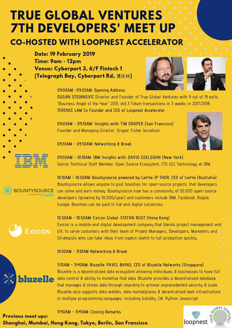 loopnestorg's tweet photo. Loopnest will be co-hosting True Global Ventures's 7th Developers' Meet Up touching on Disruption on Financial Services! Join us at Hong Kong Cyberport on the 19th of February for insights from @TimDraper and senior staff/executives at IBM, Bountysource, EXICON MOBILE, Bluzelle https://t.co/AAhMrSiVAl