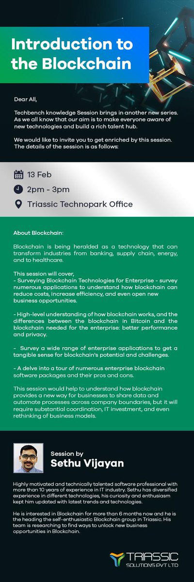 TriassicSolns's tweet image. Here is the event highlights of Techbench Knowledge Session on Blockchain. Stay tuned for the pictures from the session. 
#techbench #blockchain #triassic