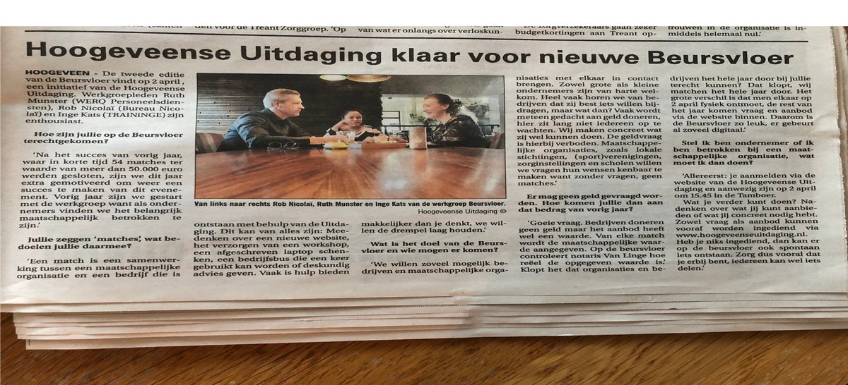 Mooi artikel in <a href="/hconline/">HoogeveenscheCourant</a>  over de tweede editie van de Beursvloer die wij 2 april organiseren. Geef je ook op: hoogeveenseuitdaging.nl/activiteiten/b… … pic.x.com/ko85au5nx6