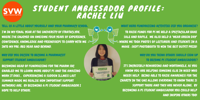 PharmaSupport's tweet photo. Our final #SVW19 #StudentAmbassador @RachoolLiu really puts the fun in fundraising! From bake sales to raffles - the gang @StrathRxsoc have organised the lot, thanks Rachel &amp; team! https://t.co/e9riNe0L6i