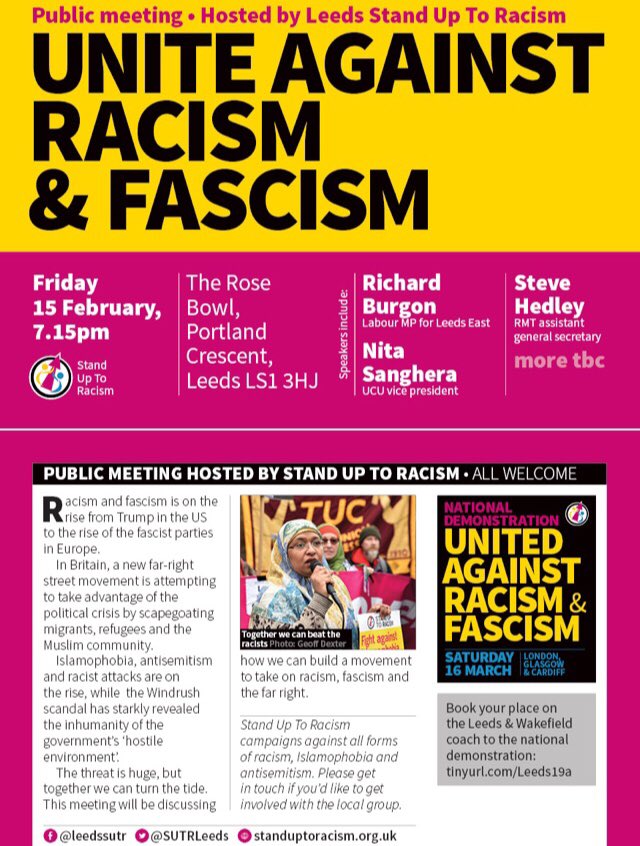 Our ‘Unite Against Racism  &amp; Fascism’ rally is TONIGHT! Join us at 7.15pm to hear from <a href="/RichardBurgon/">Richard Burgon MP</a> <a href="/nita_4_VP_ucu/">Nita Sanghera</a> <a href="/SteveHedley3/">stephanie Hedley collective</a>   Nahella Ashraf from <a href="/AntiRacismDay/">Stand Up To Racism</a> with Kauser Jan from NEU chairing. There will be a <a href="/mendcommunity/">MEND Community</a> stall, trade union delegations &amp; a book stall!
