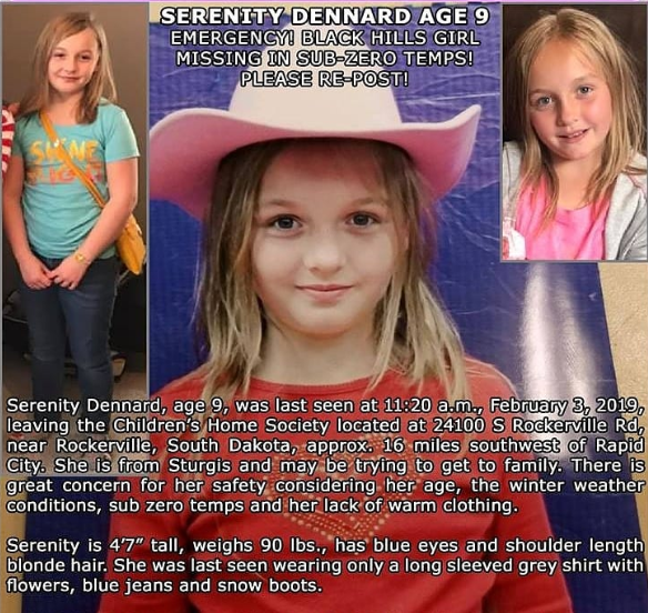 justice_angels's tweet photo. Serenity Dennard missing from South Dakota on Feb 3, 2019
#missingperson #missingchildren #angelinheaven #miracle #survivor #findmissing #lostgirl #lostboy #abducted #foulplay #bringherhome https://t.co/LZyDuYil6C