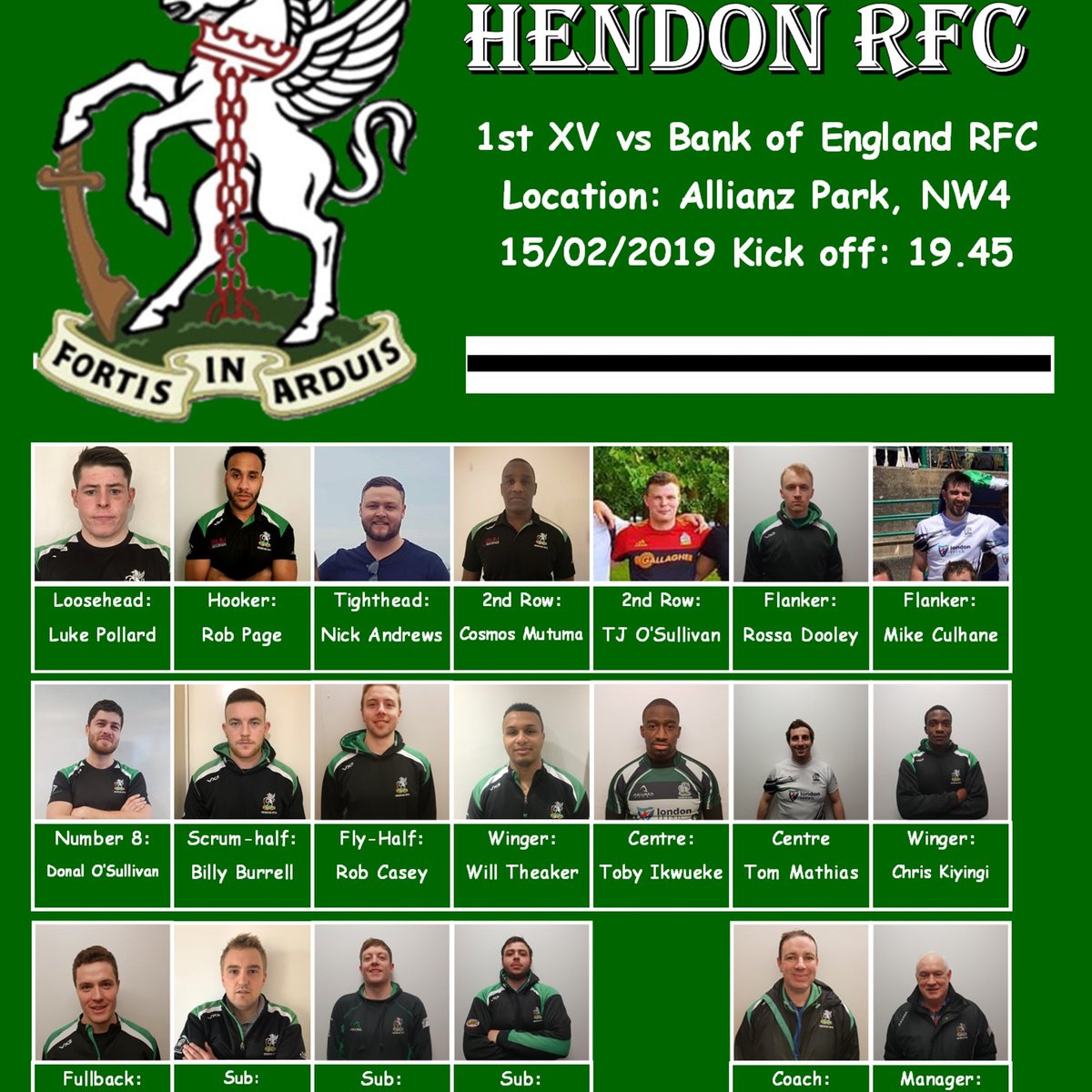 Hendon RFC's team for this evenings game against <a href="/BOERFC/">Bank of England RFC</a> at 19.45, <a href="/AllianzPark/">allianze parque</a>. All support is welcomed by club and we hope to see many of you there! <a href="/Thebodhran/">The Bodhrán</a> <a href="/CladdaghRingPub/">TheCladdaghRing</a> <a href="/TeamforceLabour/">TEAMFORCE Labour Ltd</a>