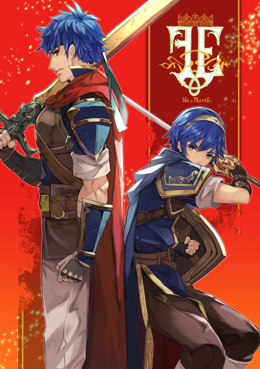 ike (fire emblem) ,marth (fire emblem) blue hair weapon cape sword multiple boys blue eyes 2boys  illustration images