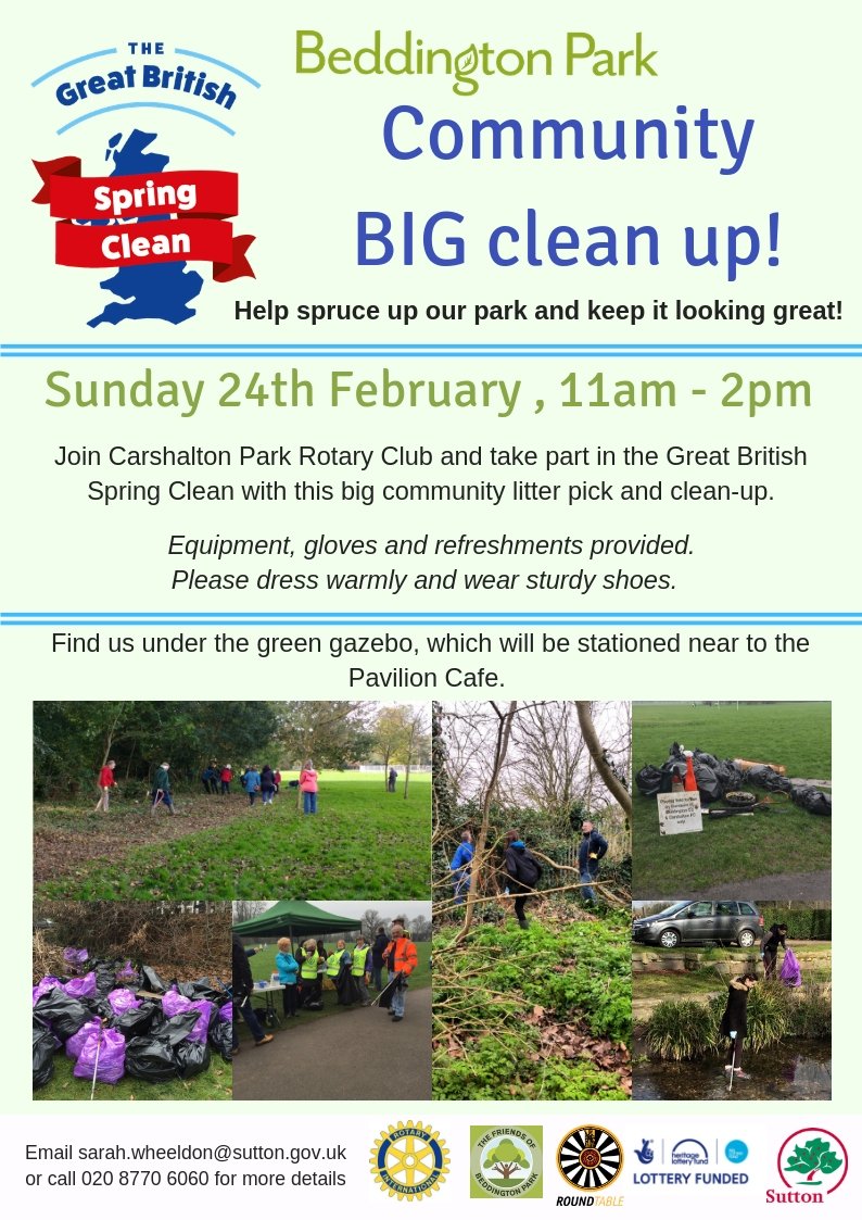 beddington_park's tweet photo. Don't forget the Rotary Clean-up on Sunday 24th Feb! It's going to be a BIG one! Come and get involved in improving the park environment. 11am - 2pm @VCSutton1 @oneplanetsutton  #GBSpingClean https://t.co/bW6nhMA6jY
