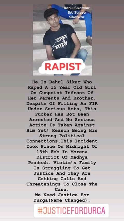 Satyapr70355409's tweet photo. #SaveMySister #rahulsikarwar 
from morena mp raped my 15 year old on gun point along with his two friend hehis family and friends are top criminal accused of lootmurderstheft previously they have strong political connection me and my are helpless my father is blind please help us https://t.co/JBoNs4vNtx