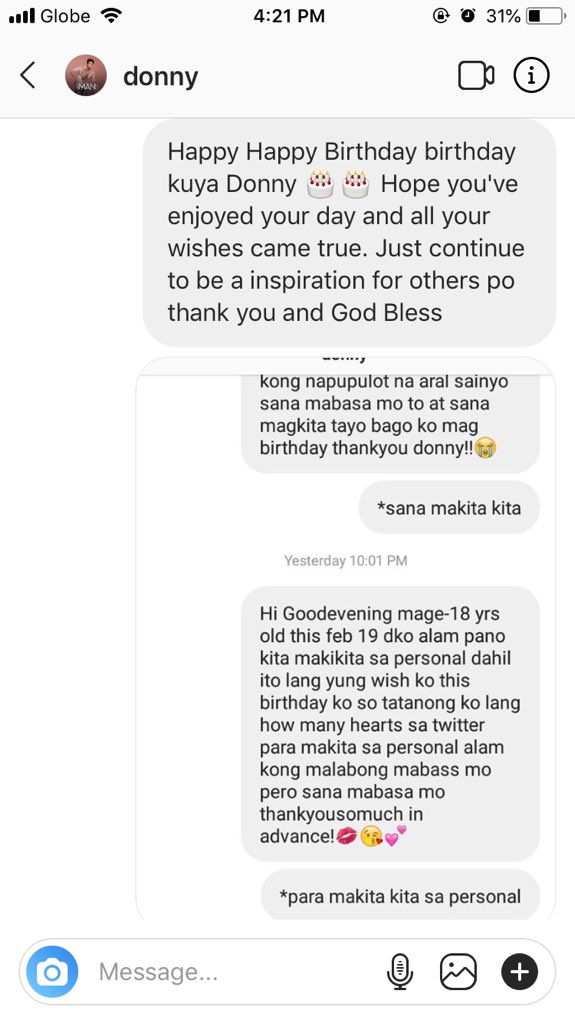 peeejay_11's tweet photo. Twitter pipz please tulungan niyo ko makarating kay @donnypangilinan tong tweet na to. It's my friend's debut this coming tuesday and her wish is to a have a video greeting of Donny Pangilinan. Please patulong naman po. Thank you and God Bless ❤️ https://t.co/hDubndkN9w