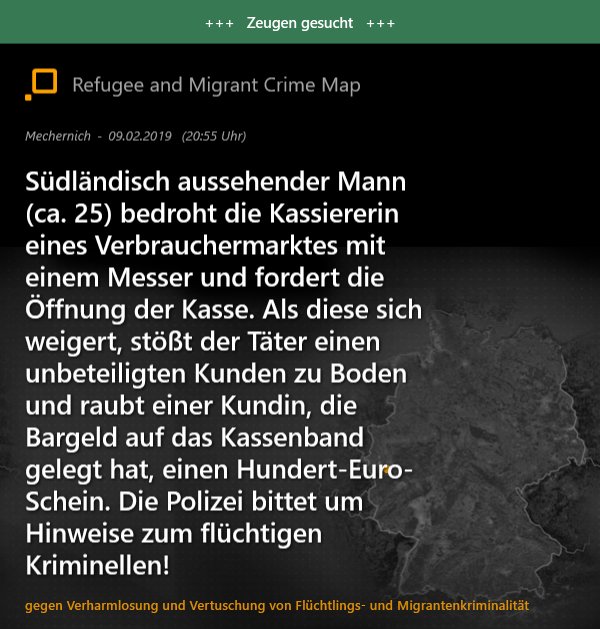 RefugeeCrimeMap's tweet photo. Migrantenkriminalität | #Mechernich #Blaulicht #Polizei #Schauhin #Kriminalität #Zeugen https://t.co/6DYuUEWpIS https://t.co/zLfYHmg93n