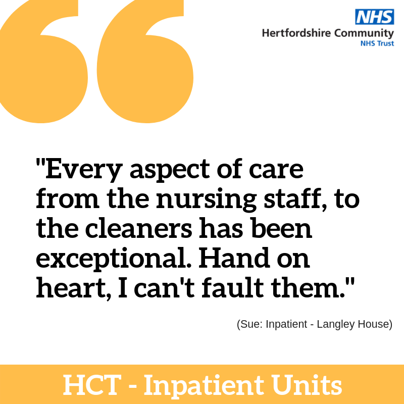 HCTNHS's tweet photo. We strive to deliver the best possible care every day, no matter what the service. #fridayfeedback #proudtocareforyou in #Herts @ENHertsCCG @HVCCG @hertscc #thankyou https://t.co/Ndx9yTH65l
