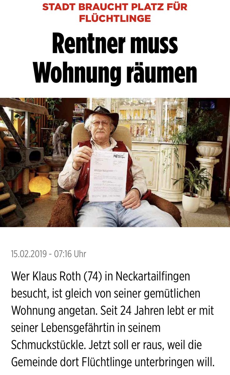 GtzFrmming's tweet photo. Rentner fliegt aus seiner Wohnung, weil die Stadt sie für Flüchtlinge braucht. Aber gut, daß wir mal über die Grundrente gesprochen haben. Via ⁦@BILD⁩ https://t.co/OALdlz2seb