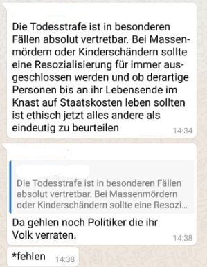 Morgen beginnt der Bundeskongress der Jungen Alternative in Magdeburg. Screenshots wie dieser aus der Chatgruppe "JA Hessen Intern" zeigen ihr andauerndes Extremismusproblem. Die Namen sind zu diesem Zeitpunkt aus juristischen Gründen entfernt. Recherche mit @_freidel