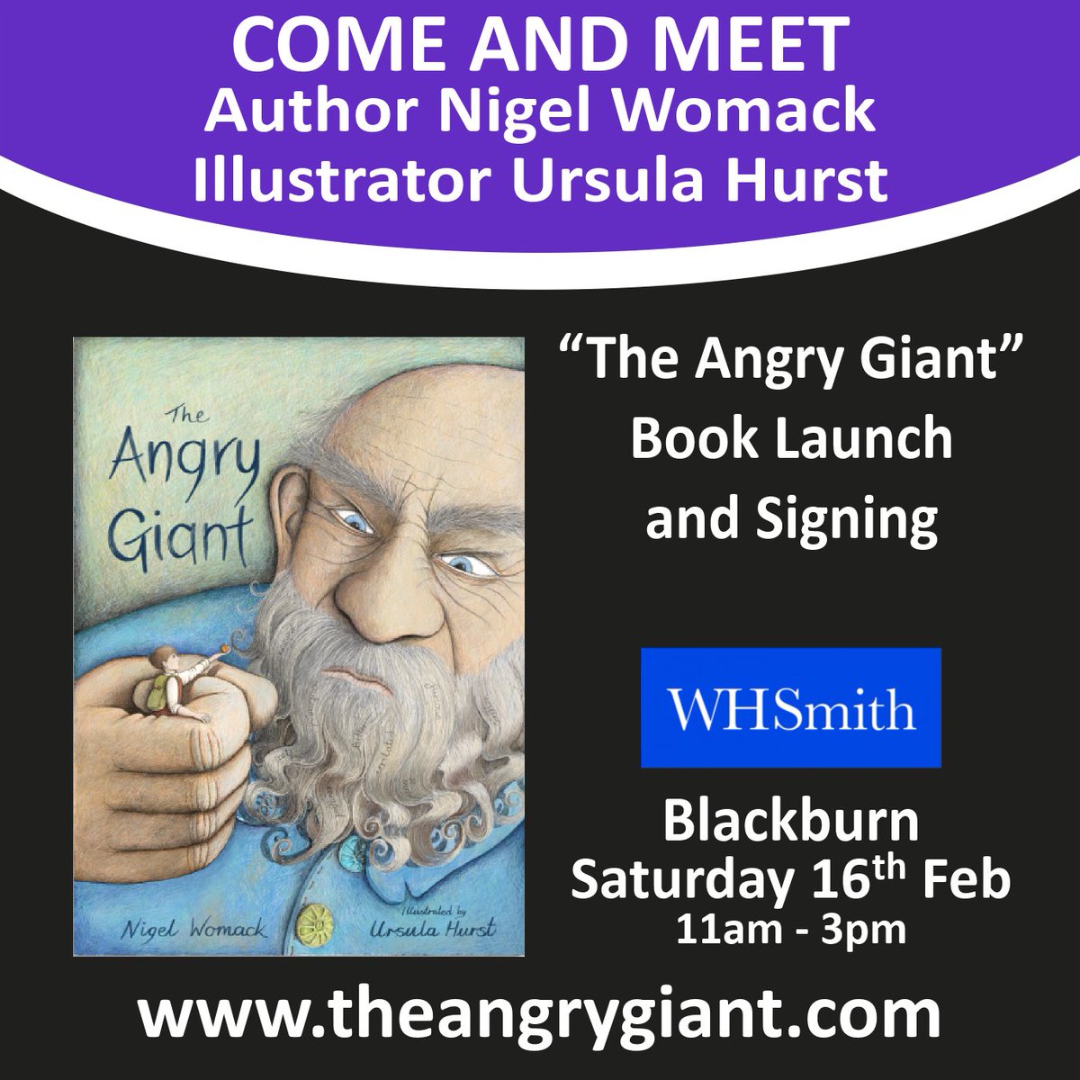 Don't forget to come along to @WHSmith #Blackburn tomorrow, 16th Feb from 11.00. Nigel Womack & @UrsulaHurstArt will be signing their debut #ChildrensBook The #AngryGiant @VisitBlackburn #Blackburn #Lancashire